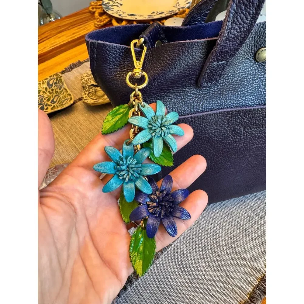 Triple Blue Flower Bag Charm Genuine Leather Purse Charm Flower Charms NEW!